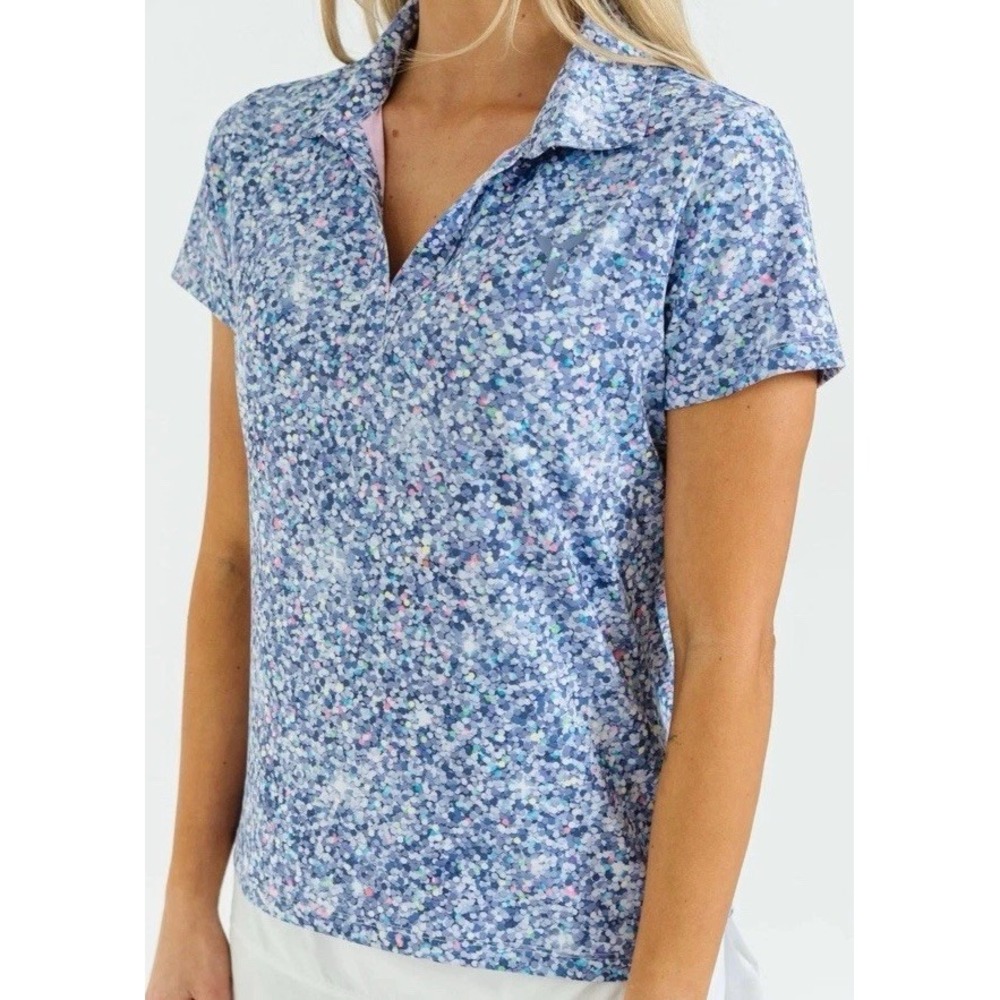 Yatta Golf Polo Shirt Women's Large Blue‎ Glitter Outdoors Granola Girl NWT $60